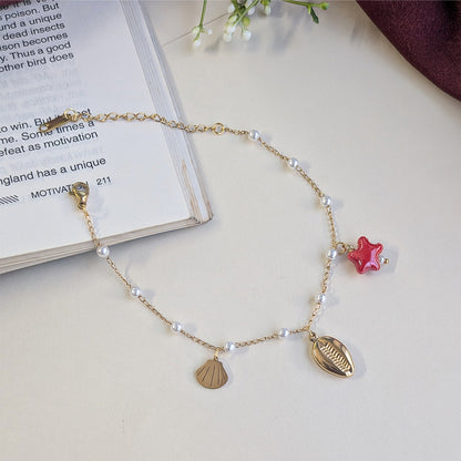 Gold Tone Pearl Beaded Sea Shell & Star Charm Anklet For Girls & Women