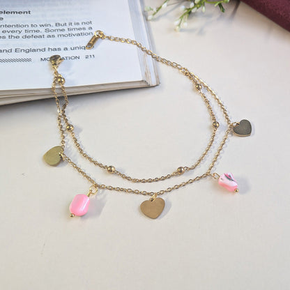 Gold Finish double Layered Heart & Pink Stone Anklet For Women