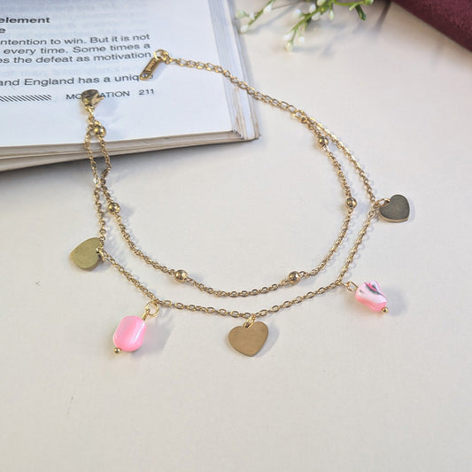 Gold Finish double Layered Heart & Pink Stone Anklet For Women