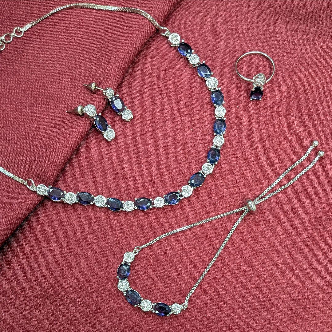 Silver Finish Oval AD Stone Jewellery Set with Earrings, Bracelet & Ring for Girls & Women