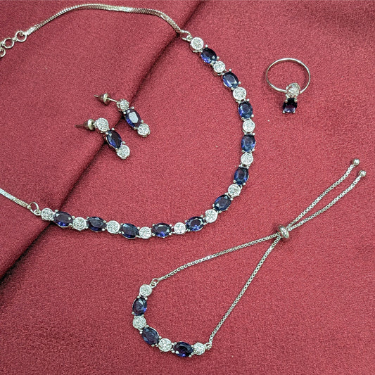 Silver Finish Oval AD Stone Jewellery Set with Earrings, Bracelet & Ring for Girls & Women