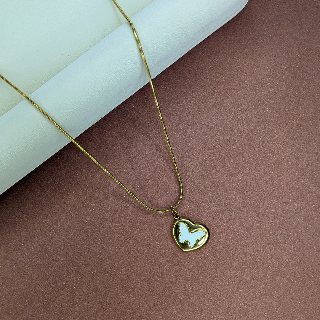 Delicate Gold Heart with Butterfly Enamel Pendant For Girls & Women