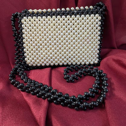 Black & White Acrylic Pearl Beaded Chain Crossbody Bag for Women