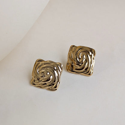 Gold Finish Retro Square Swirl Earrings For Girls & Women (Anti-Tarnish)