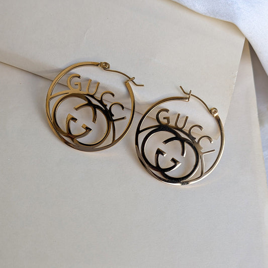 Gold Tone Brand Inspired Statement Hoop Earrings for Girls & Women
