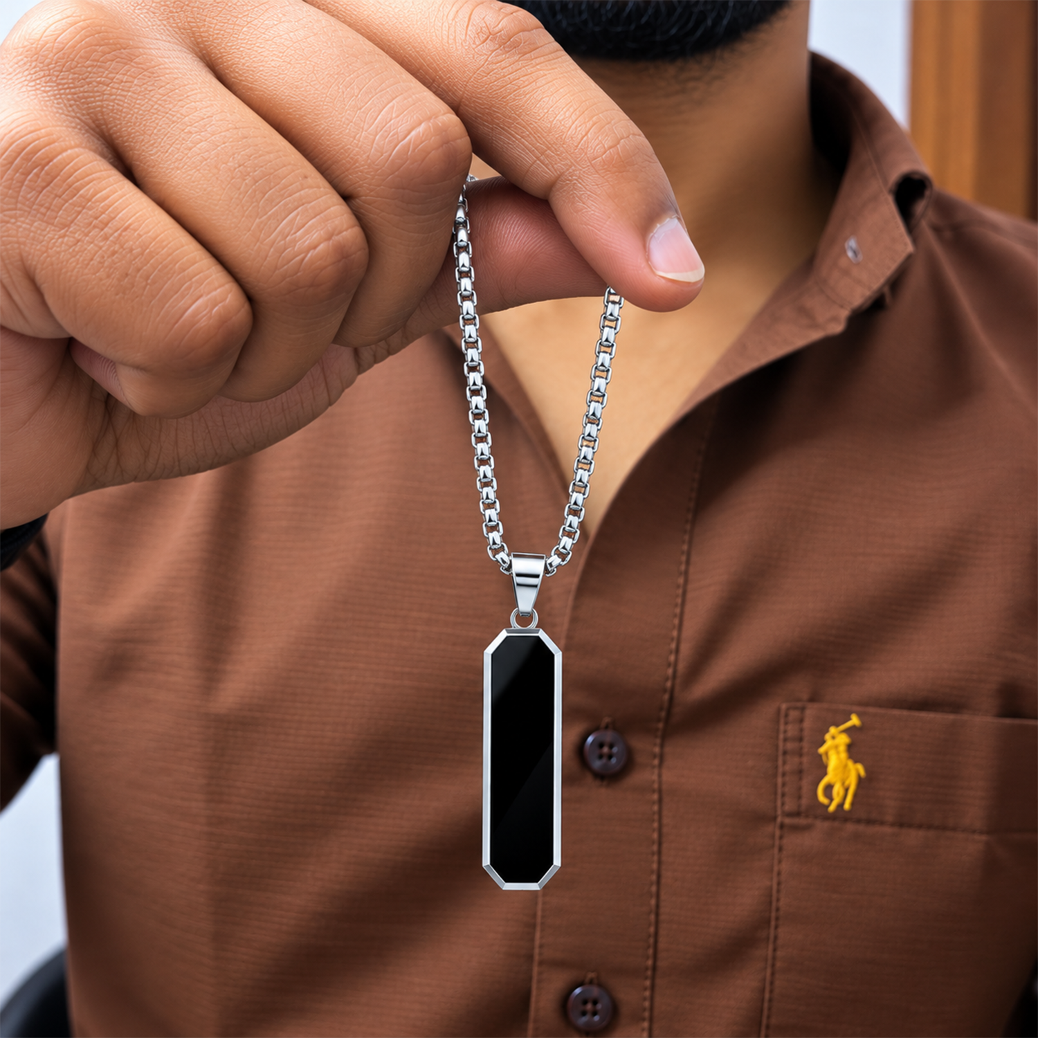 Black Inlay Geometric Rectangular Pendant for Men