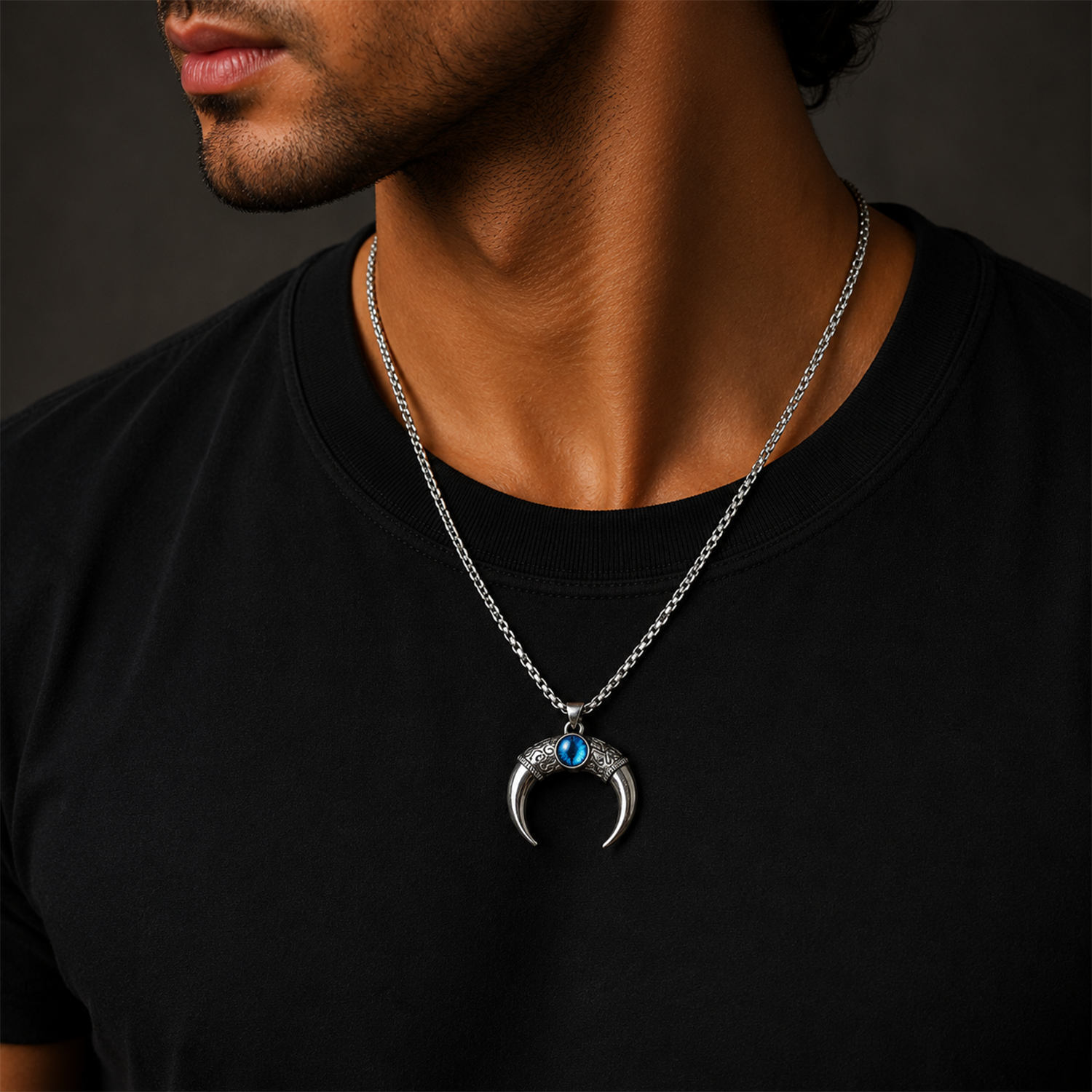 Crescent Horn Pendant Necklace with Blue Eye for Men & Boys