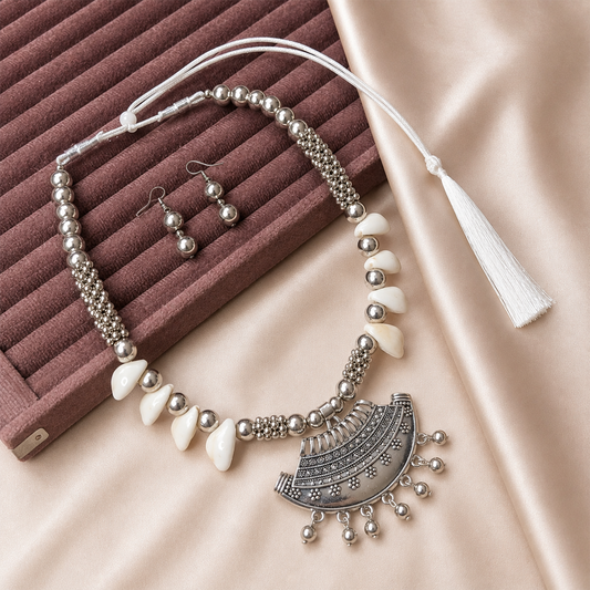 Oxidized Silver Curved Flourishes Pendant Set for Girls & Women