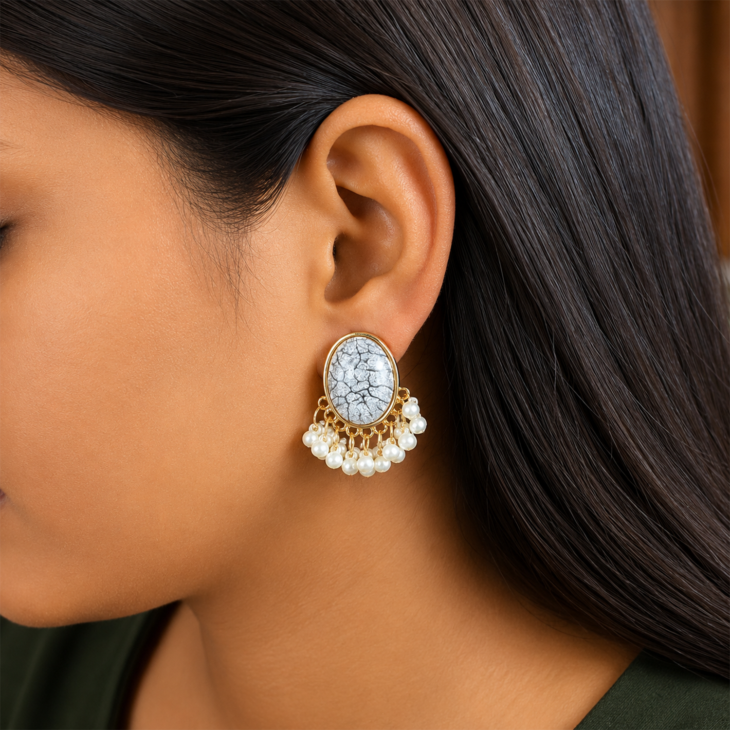 Oval Stone Pearl Stud Earrings with Pearl Tassel for Women & Girls