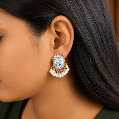 Oval Stone Pearl Stud Earrings with Pearl Tassel for Women & Girls