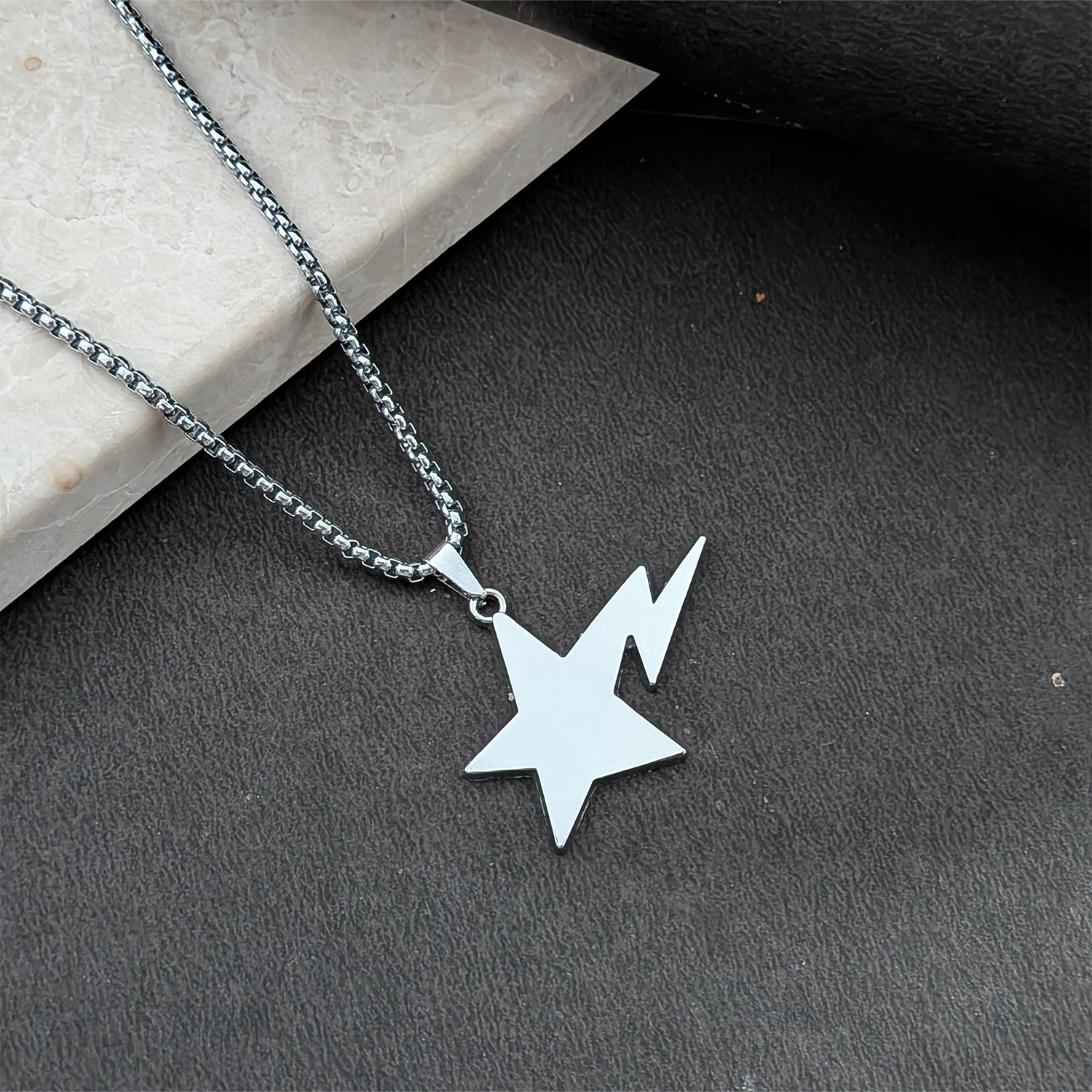 Silver Lightning Bolt Star Pendant Necklace for Men