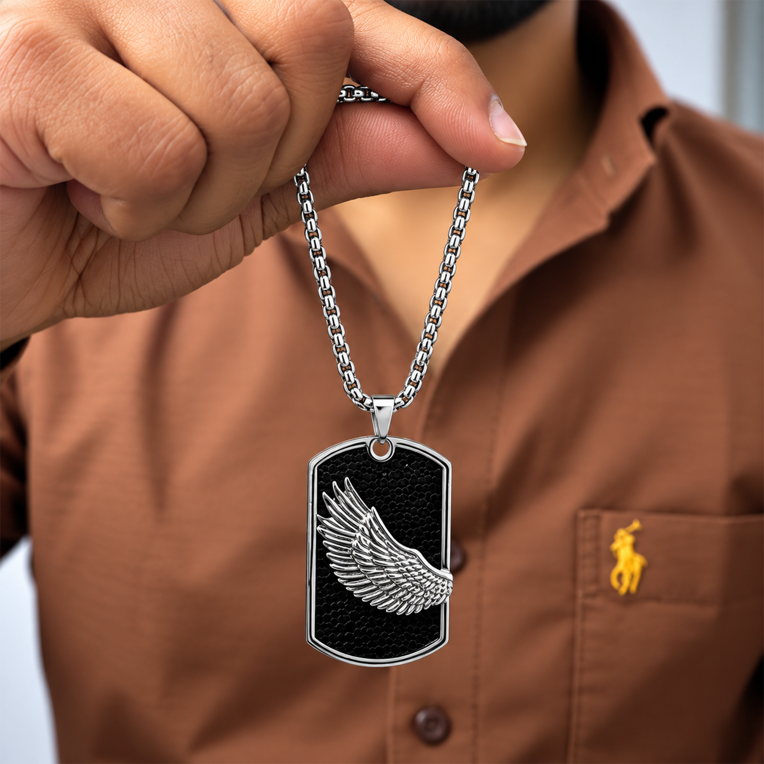 Textured Black Detailed Angel Wing Pendant for Men