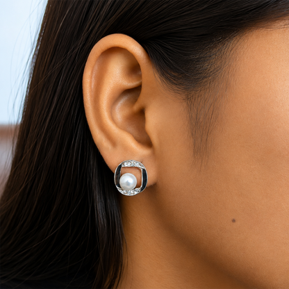 Silver Tone Faux Pearl Stud Korean Earrings for Women & Girls