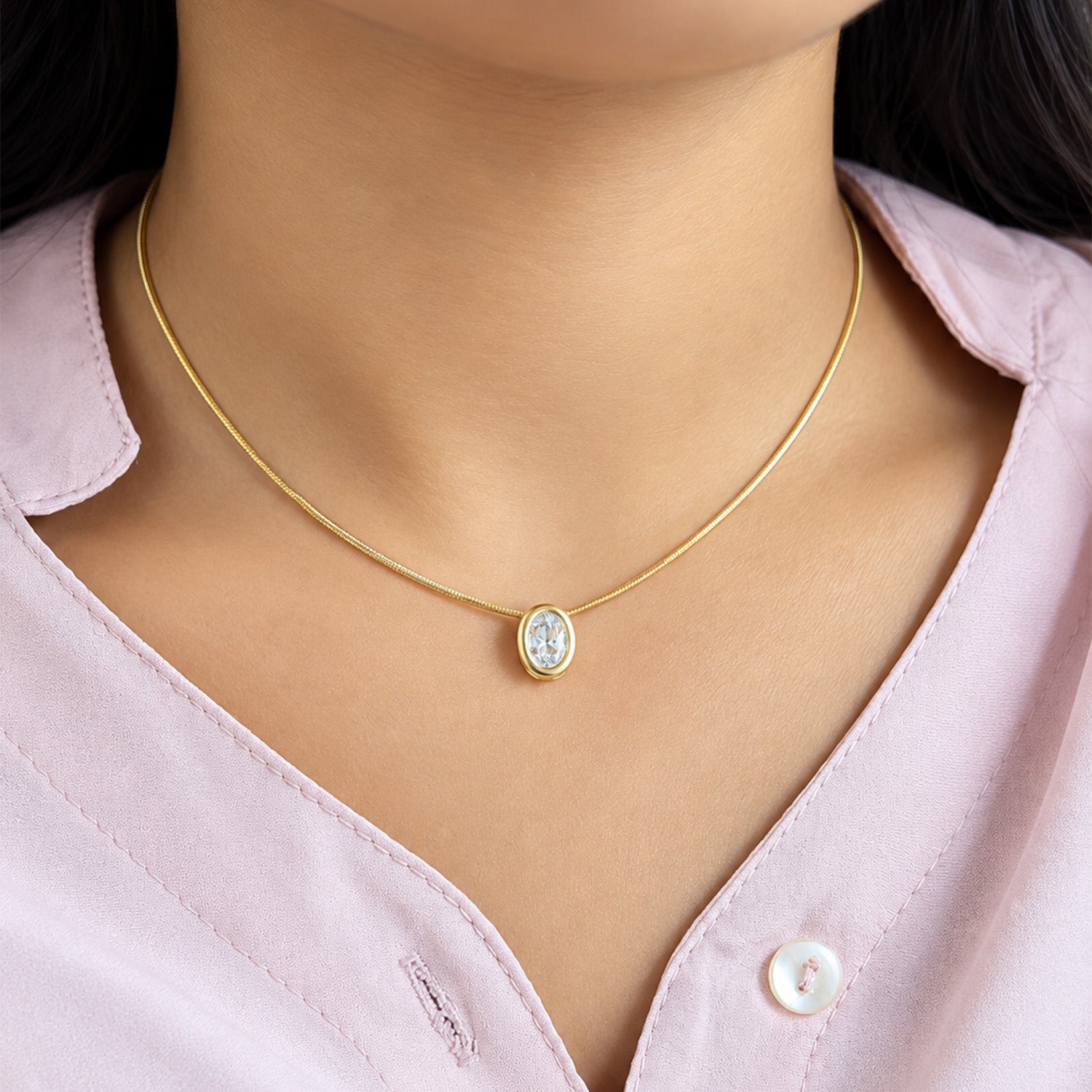Oval Transparent Stone with Chain Pendant for Girls & Women