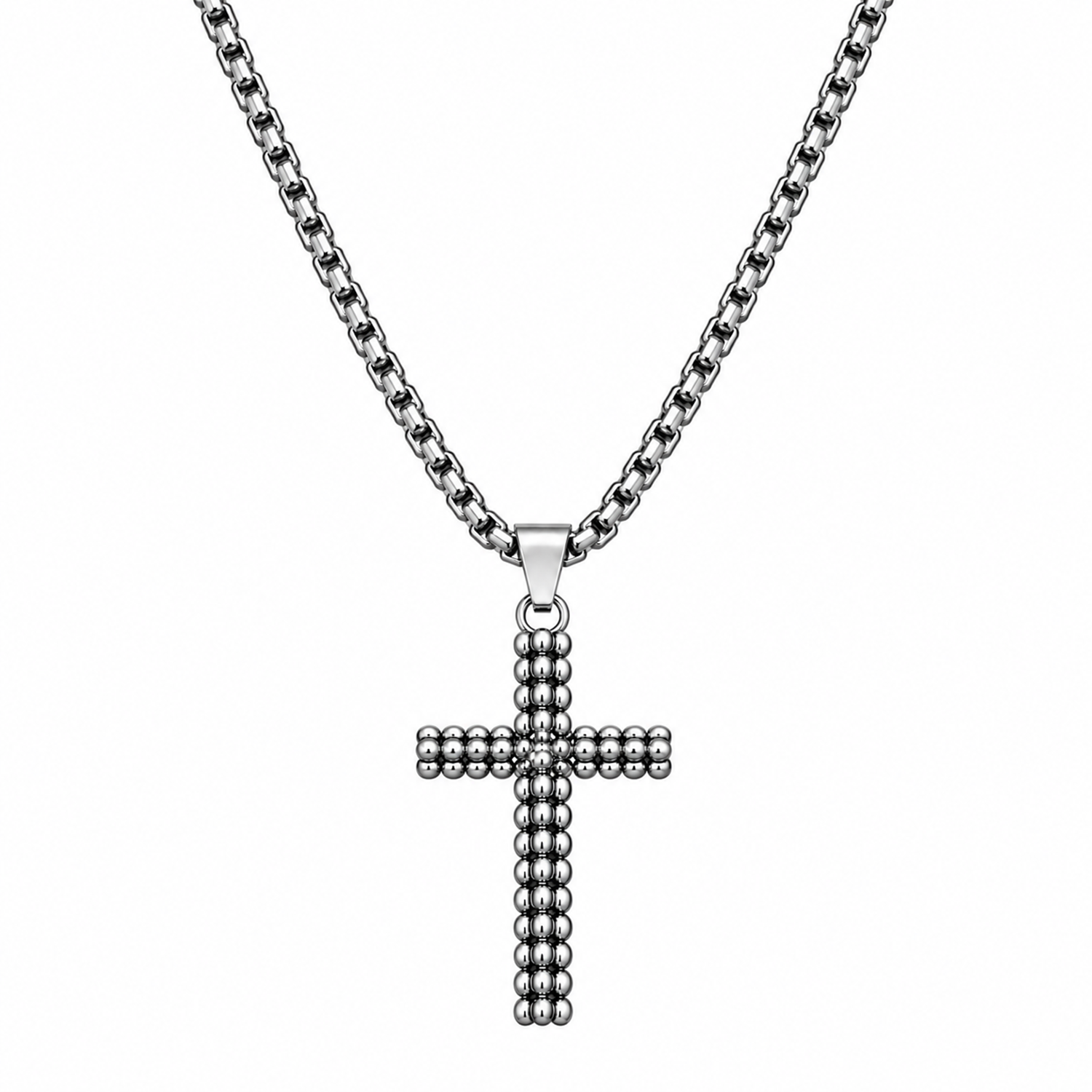 Silver-Tone Beaded Cross Pendant for Men