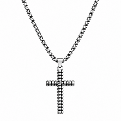 Silver-Tone Beaded Cross Pendant for Men