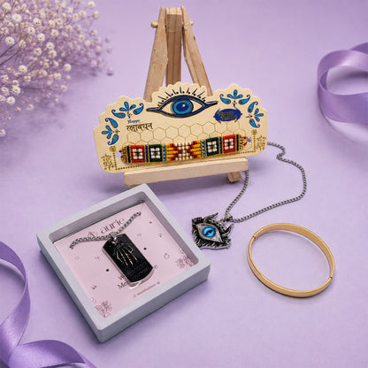 Designer Rakhi with Black Pendant Necklace, Gold Finish Kada Bracelet & Premium Gift Box