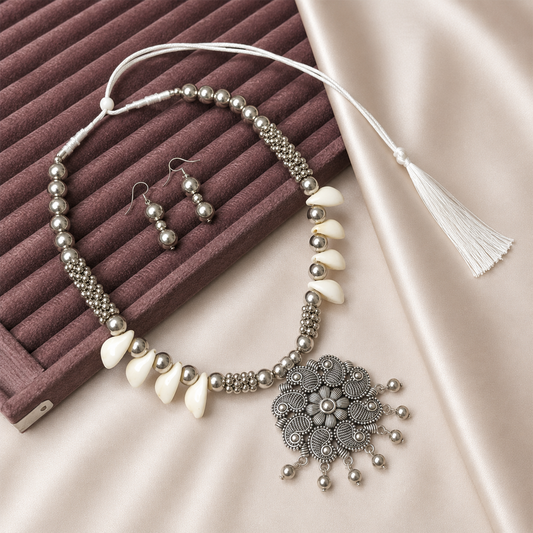 Oxidised Silver Paisley Floral Shell Pendant Set for Girls & Women