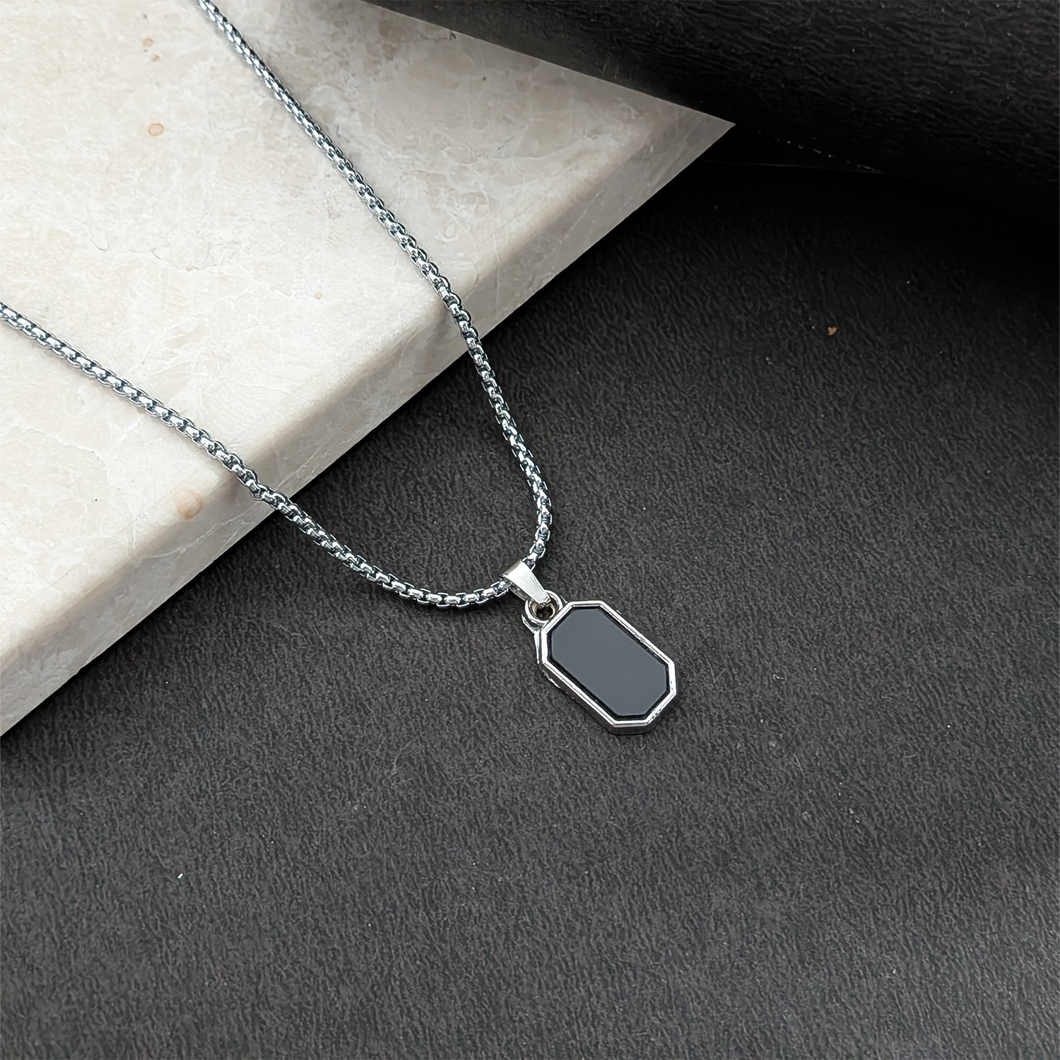 Rectangular Pendant Necklace with Silver-Tone Border
