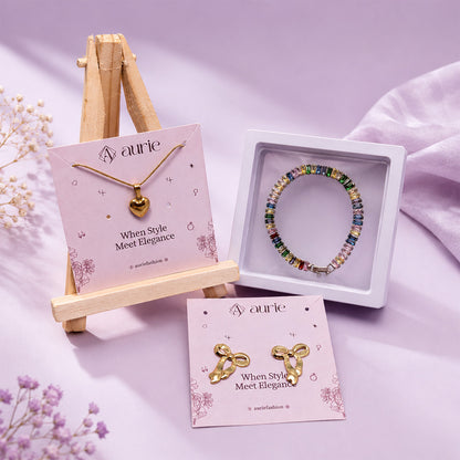 Heart Pendant Necklace, Bow Design Earrings & Multicolor Bracelet Jewellery Gift Box