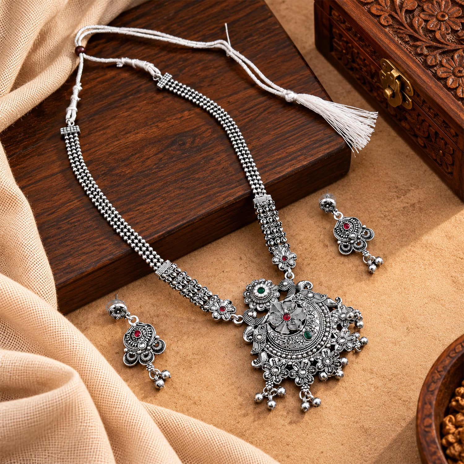 Ethnic Multi-Stone Silver-Tone Beaded Necklace and Earring Set