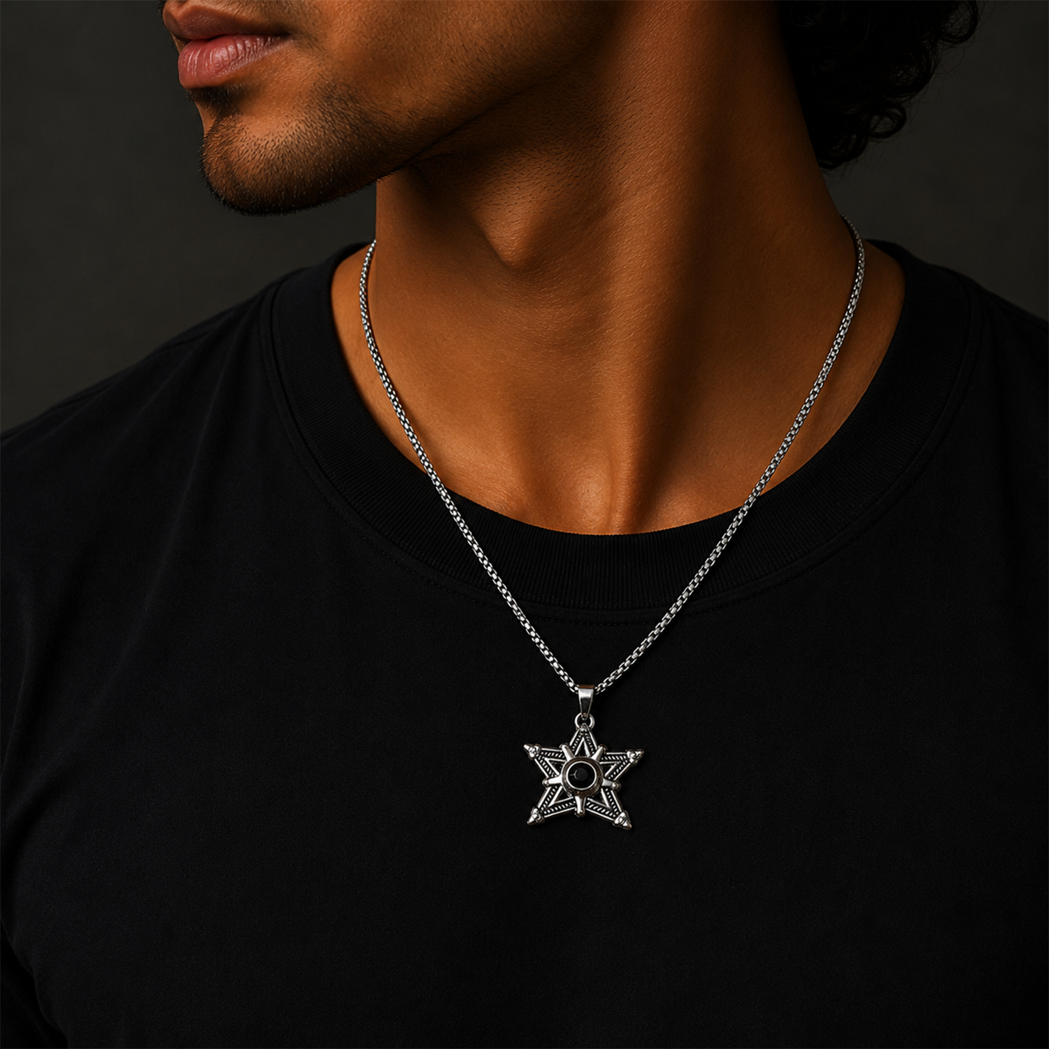 Silver Star Pendant Necklace with Stone for Men & Boys