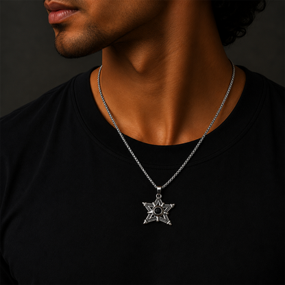 Silver Star Pendant Necklace with Stone for Men & Boys