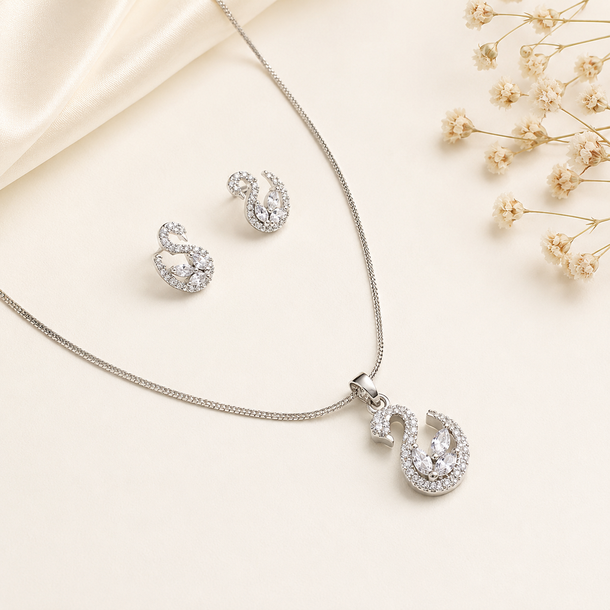Swan AD Stone Rhodium Finish Pendant Set for Girls & Women's