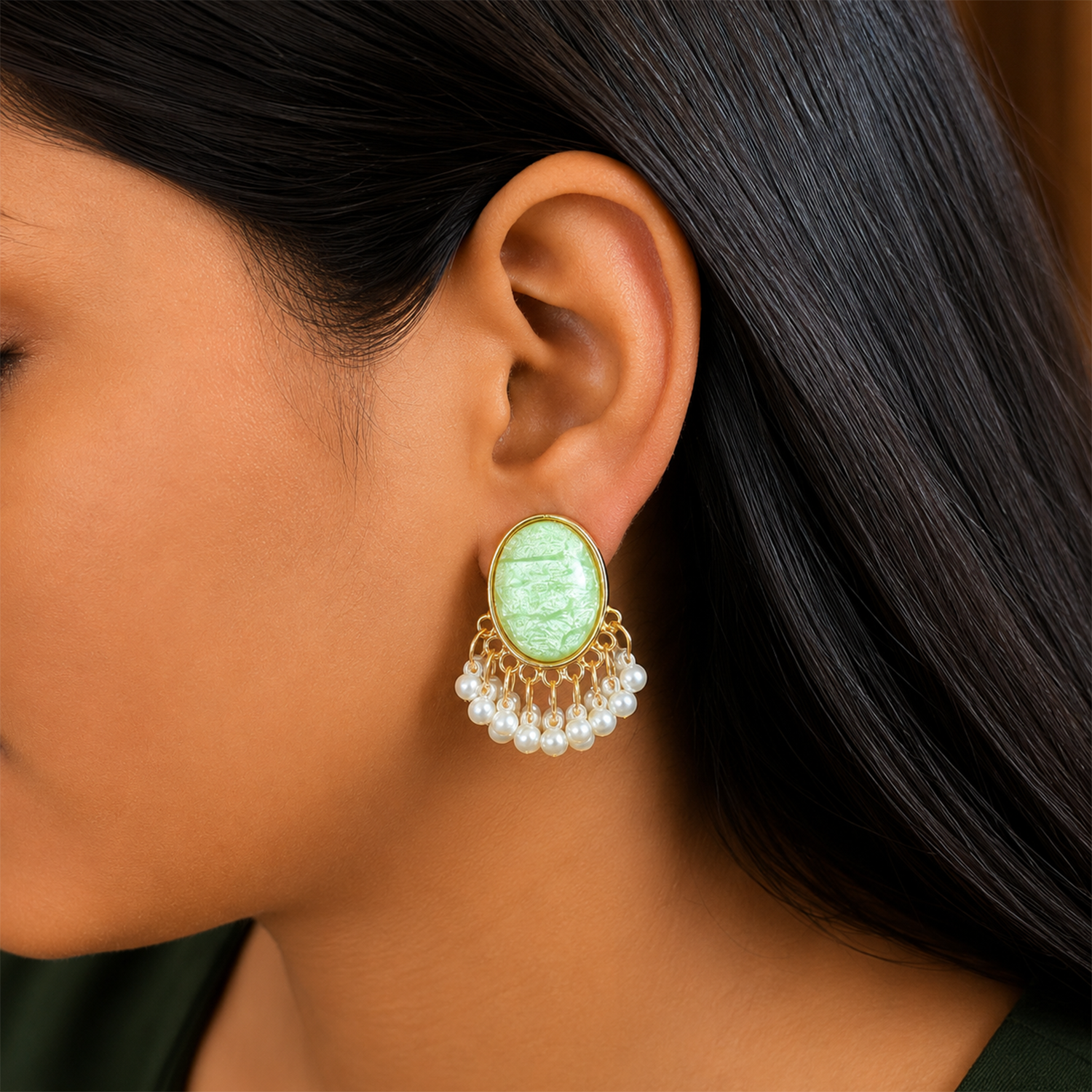 Oval Stone Pearl Stud Earrings with Pearl Tassel for Women & Girls