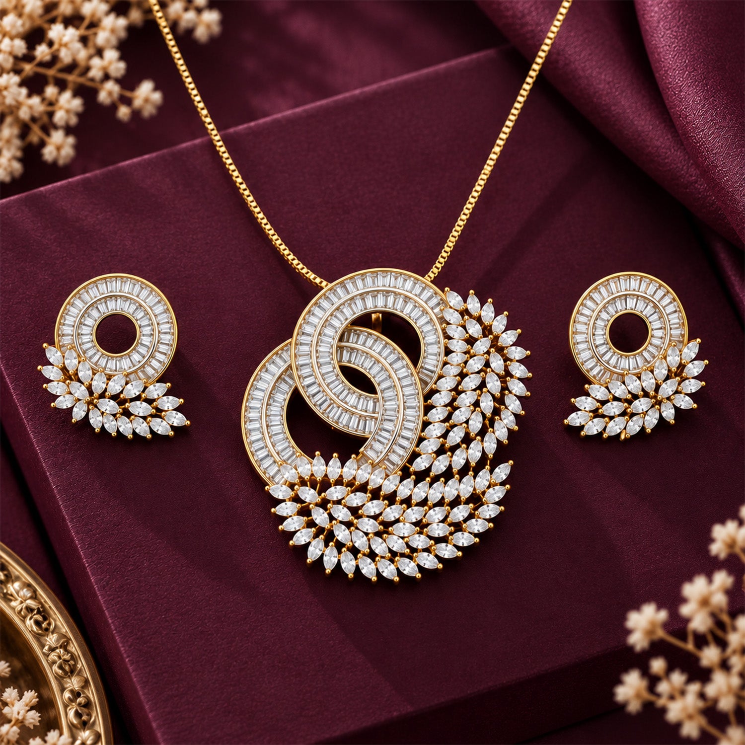 Dual Tone CZ Studded Bird Feather Design Necklace Set for Girls & Women's