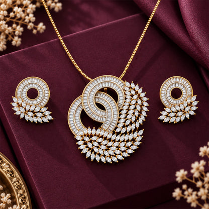 Dual Tone CZ Studded Bird Feather Design Necklace Set for Girls & Women's