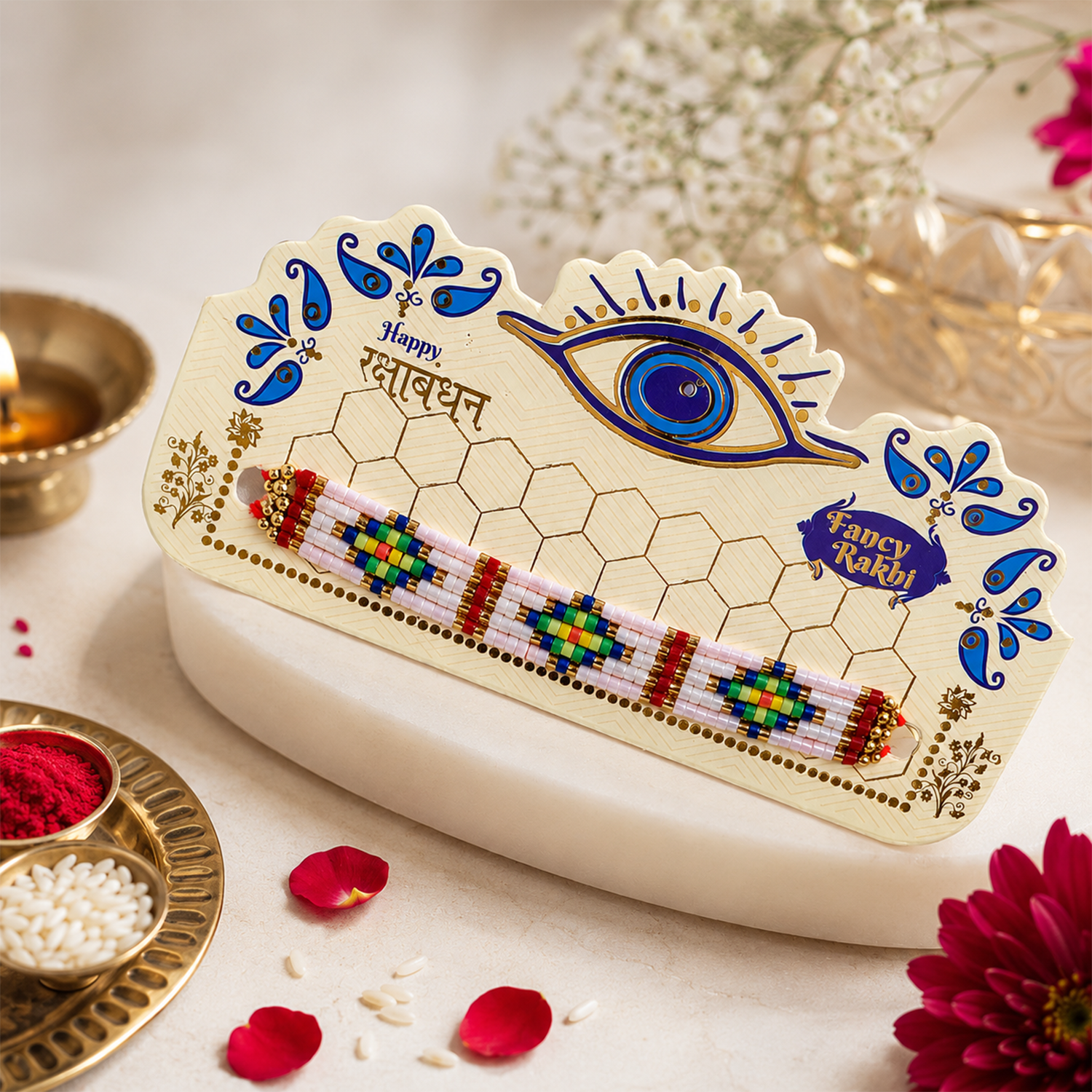 White Base with Vibrant Design Rakhi for Brother