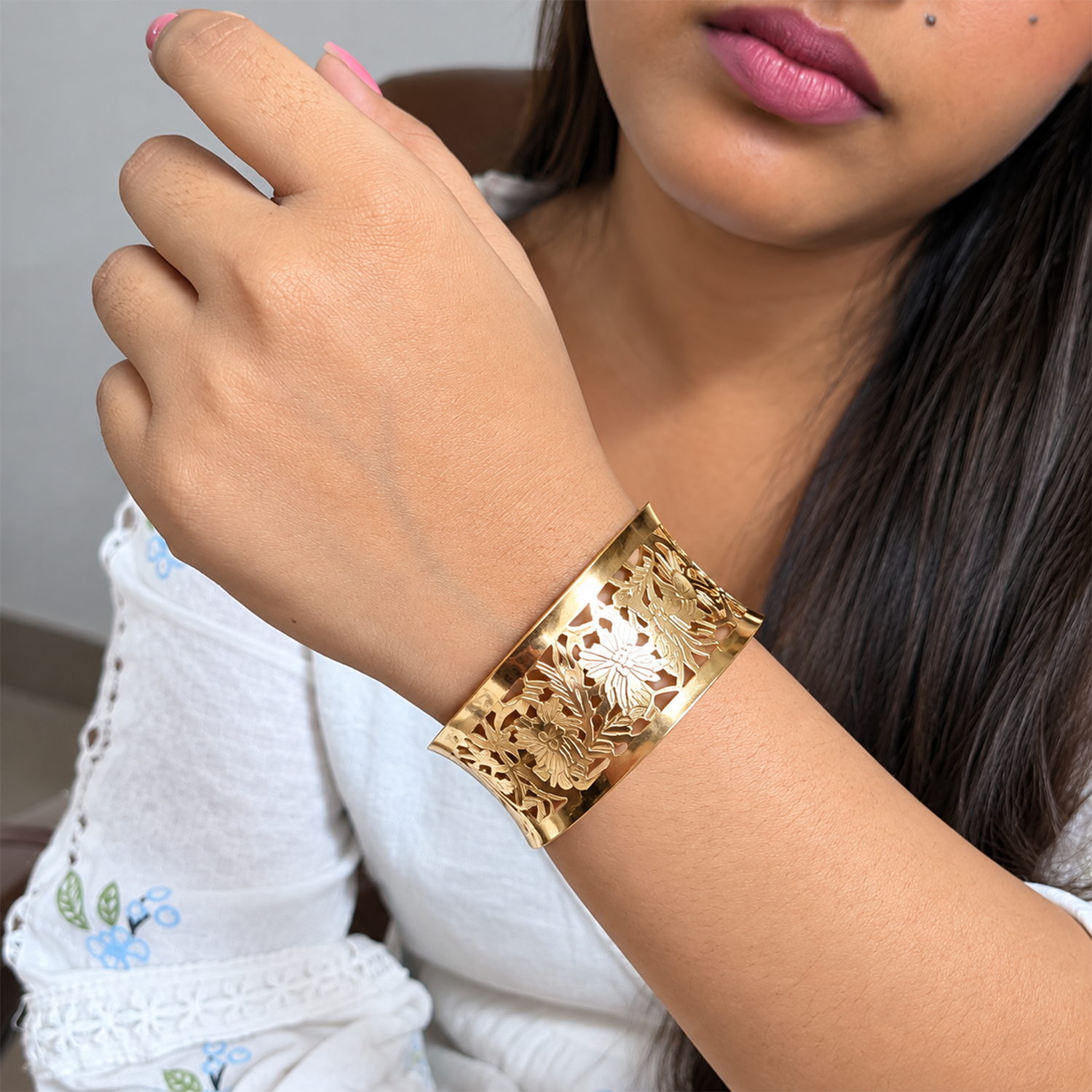 Gold Tone Floral Engraved Cuff Bracelet for Women & Girls