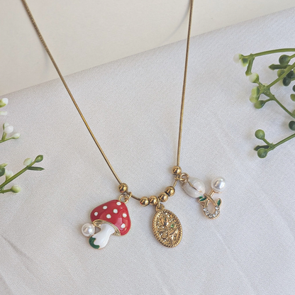 Gold Plated Cute Mushroom, Pearl Leaf & Floral Medallion Charm Pendant For Girls & Women