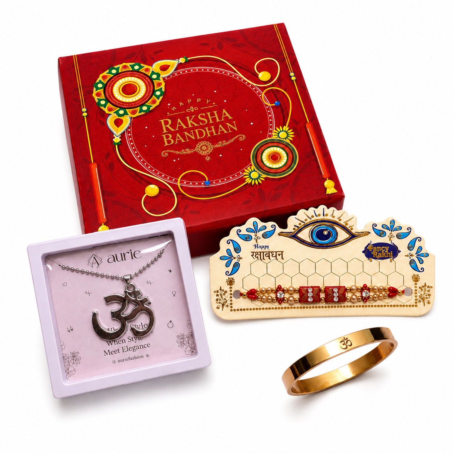 Premium Rakhi Combo with Om Pendant Necklace, Gold Finish Kada Bracelet & Designer Rakhi Gift Box