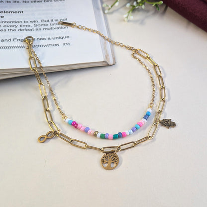 Gold Finish Hamsa Charm Tree & Multicolor Beaded Anklet For Girls & Women