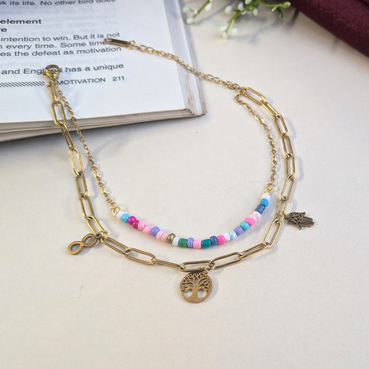 Gold Finish Hamsa Charm Tree & Multicolor Beaded Anklet For Girls & Women