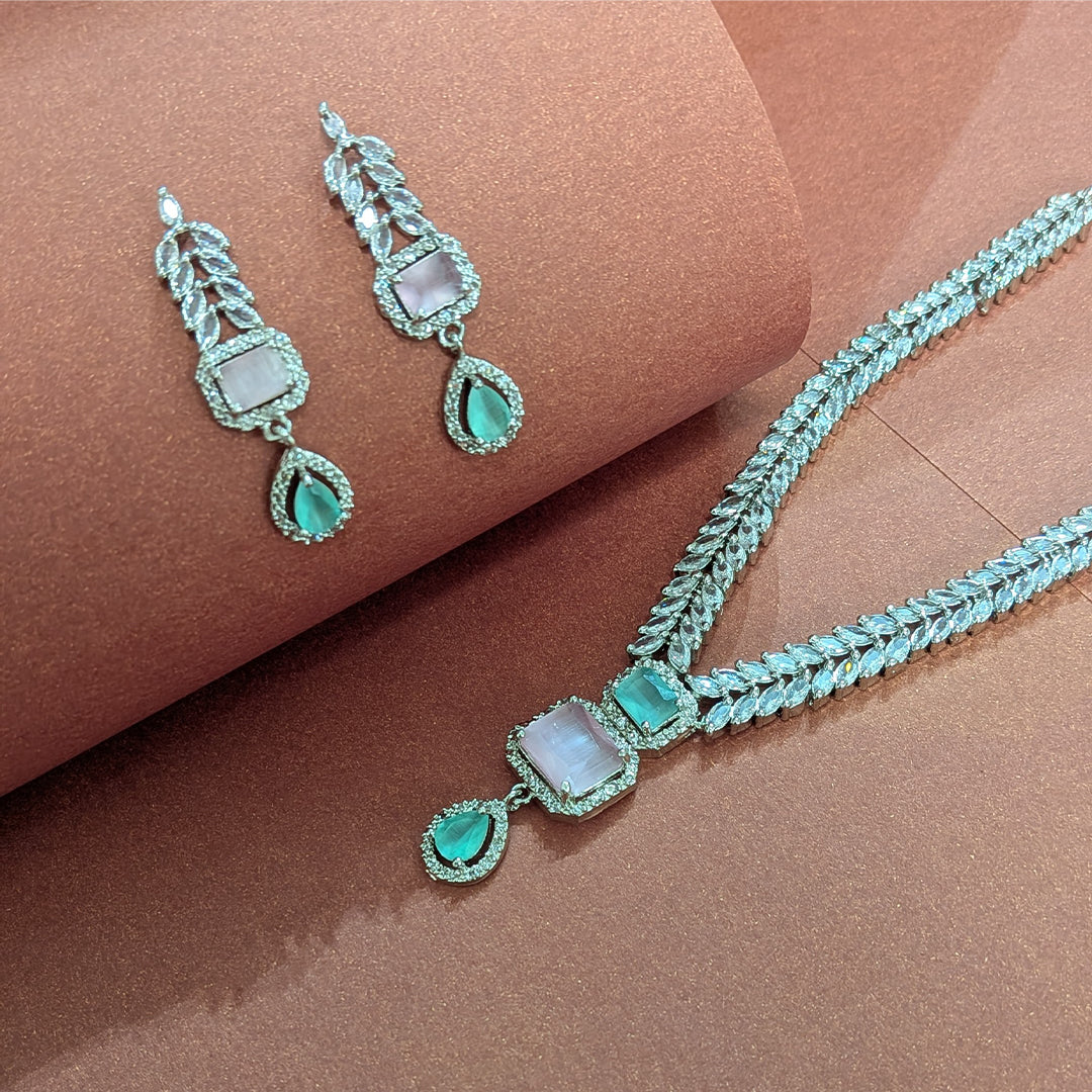 AD Luxe Square & Teardrop Gemstone Necklace With Matching Earrings For Women