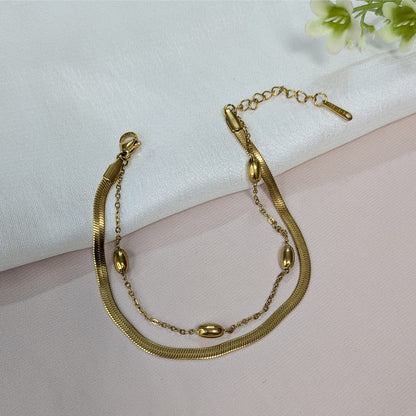 Gold Finish Designer Oval & Rectangle Beads WIth Snake Chain Bracelet For Girls & Women (Anti-Tarnish)