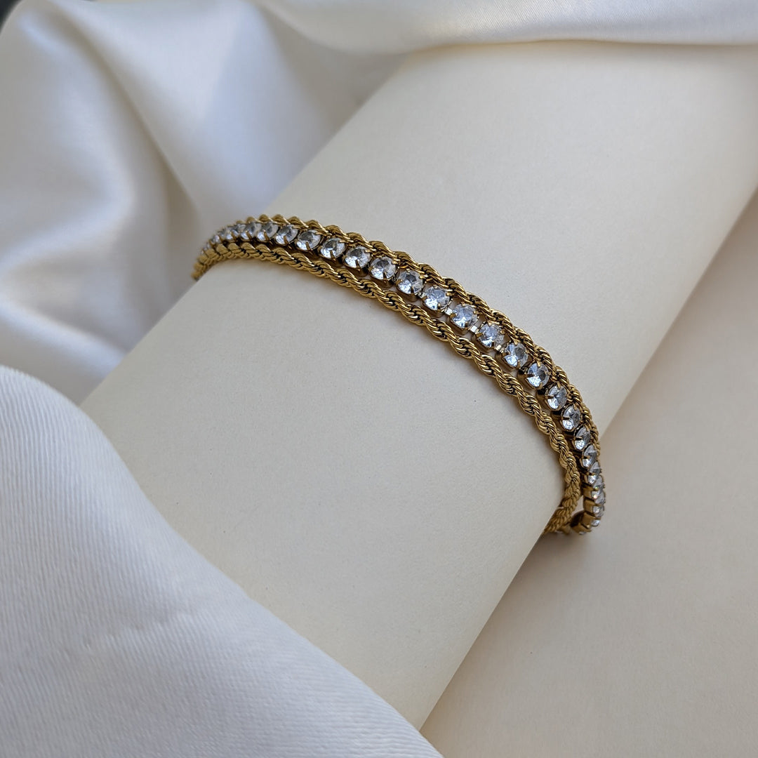 Gold Plated Twisted Dual-Layer Rope Bracelet with Luxe AD Stones For Girls & Women