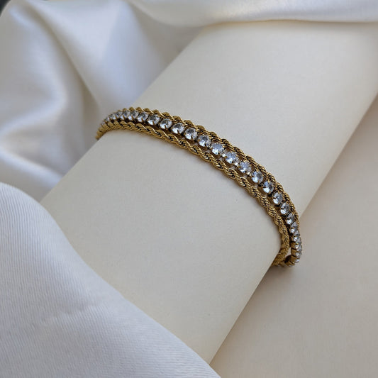 Gold Plated Twisted Dual-Layer Rope Bracelet with Luxe AD Stones For Girls & Women