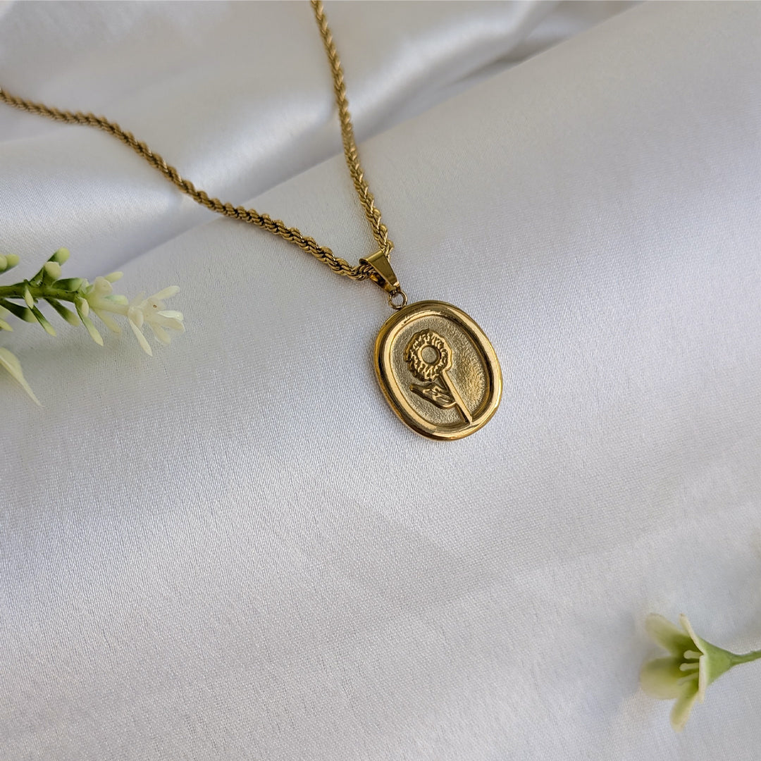 Gold Plated Oval Sunflower Pendant For Girls & Women