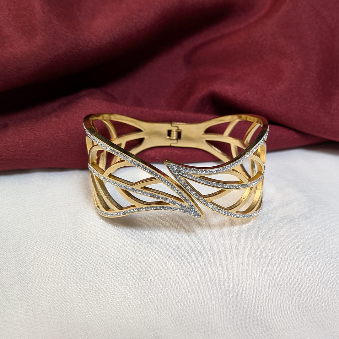Gold Finish Openwork Sparkling AD Stone Cuff Bracelet For Girls & Women
