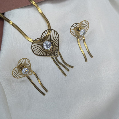 Gold Plated Heart Design Crystal Pendant & Earring Set for Women