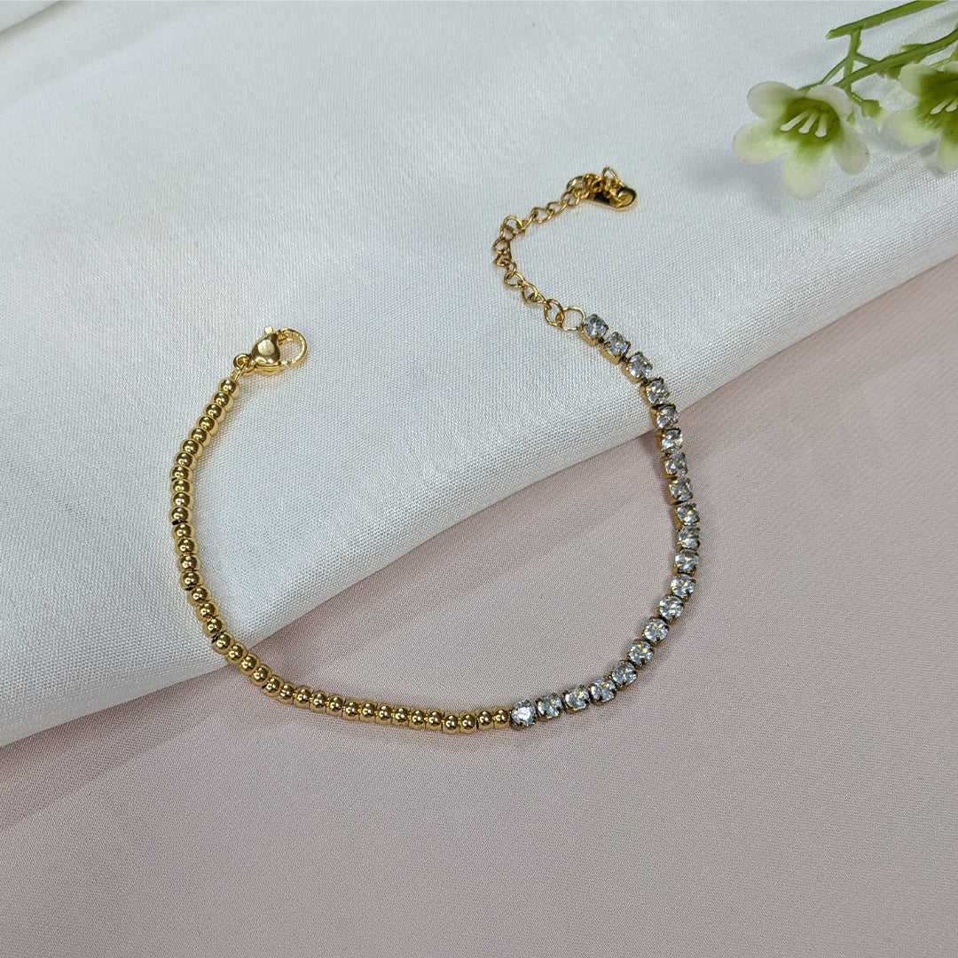 Gold Finish Crystal Studded Half Chain Bracelet For Girls & Women (Anti-Tarnish)