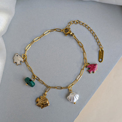 Gold Plated Ocean Charm Bracelet with Fish, Shell & Bead Charms for Girls & Women