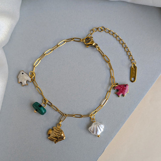 Gold Plated Ocean Charm Bracelet with Fish, Shell & Bead Charms for Girls & Women