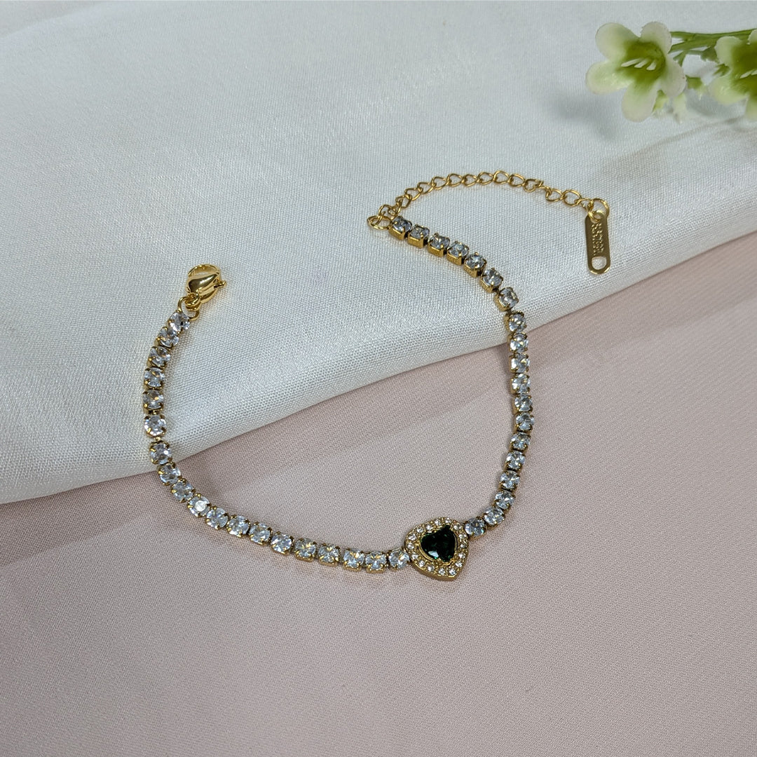 Gold Finish Green Heart Crystal Tennis Bracelet For Girls & Women (Anti-Tarnish)