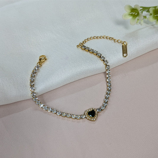 Gold Finish Green Heart Crystal Tennis Bracelet For Girls & Women (Anti-Tarnish)