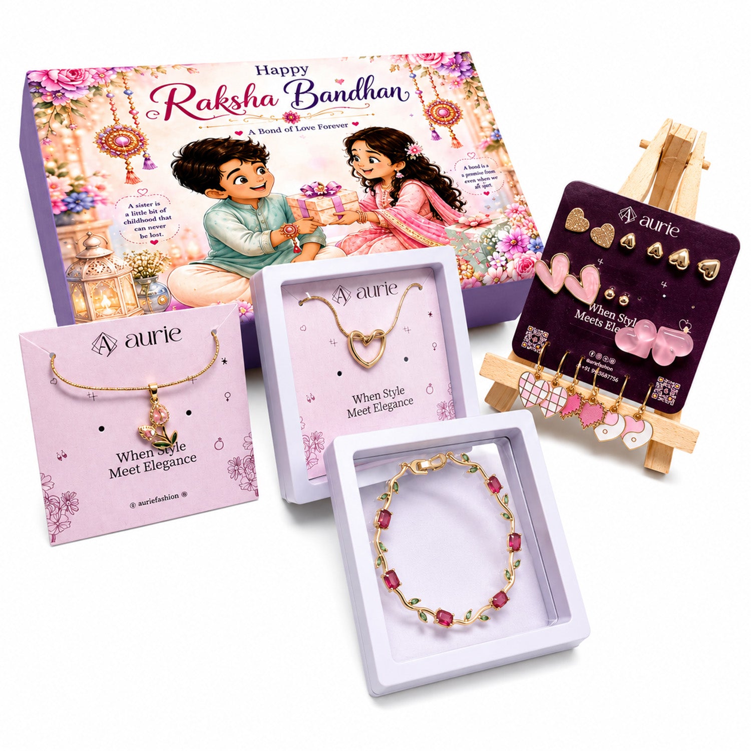 Gold Finish Necklace, Bracelet & Stylish Earrings Set, Heart & Floral Design Jewellery Gift Box